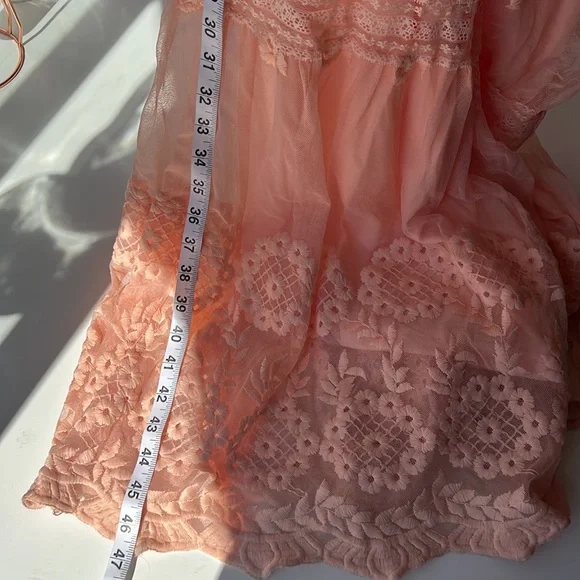 Peach prairie dress vintage lace style off the shoulder floral design small med - Picture 15 of 15